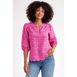 ON 34th Eyelet Puff Sleeve Blouse XL Pink Cotton Scalloped Hem Top